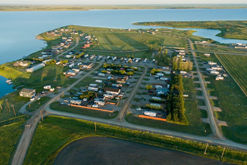 Aerial Photo Sunset Beach at Lake Diefenbaker July 2024